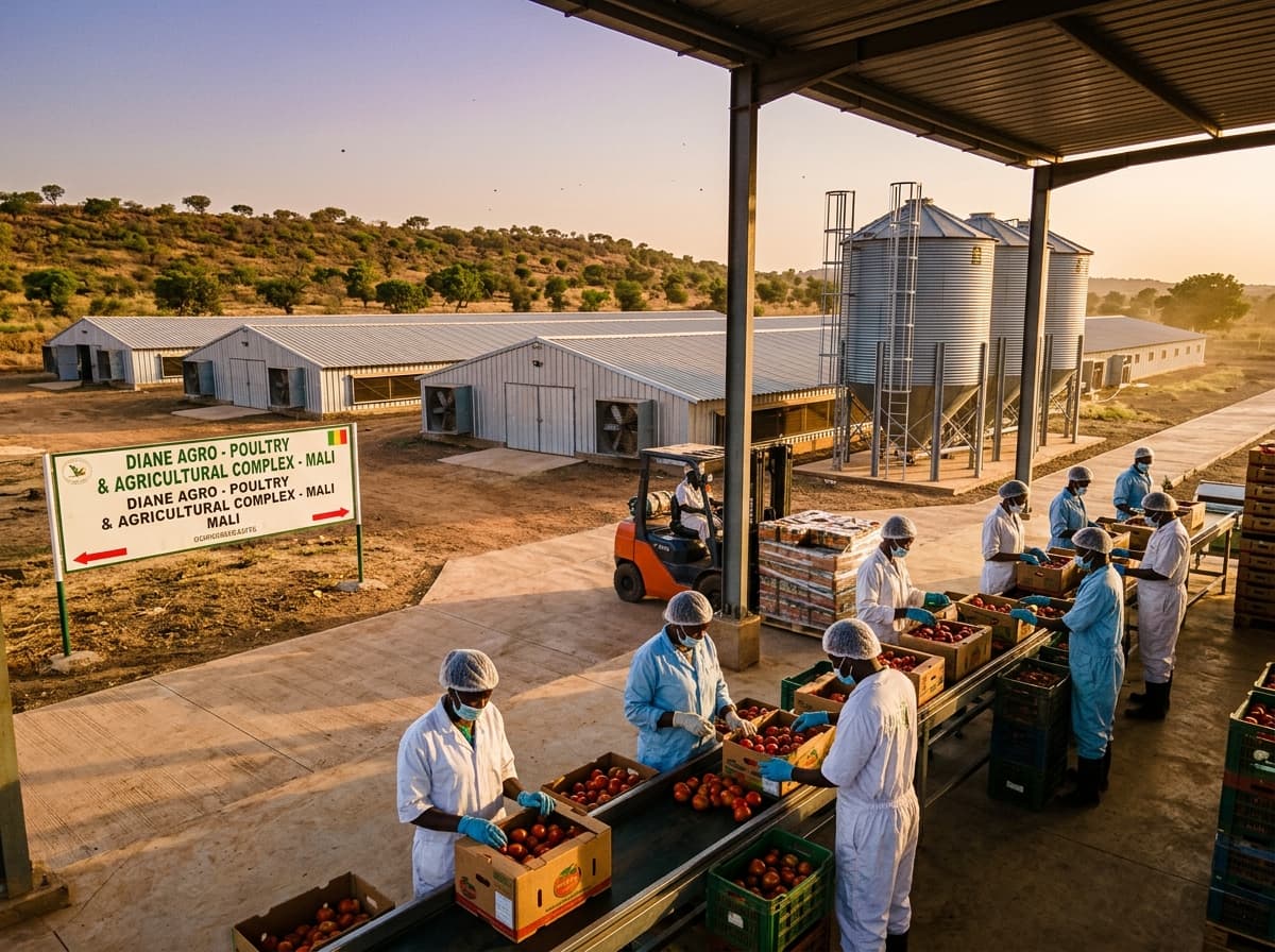Unité agro-industrielle moderne et parcelles cultivées en lumière de fin de journée.