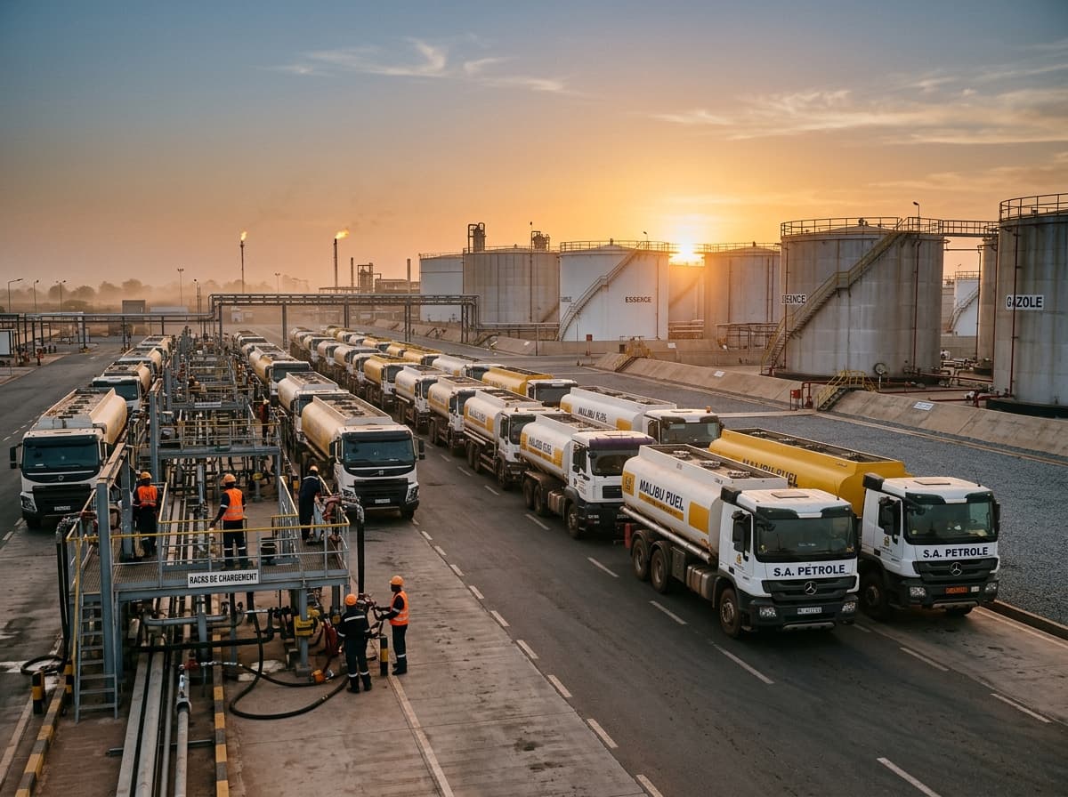 Dépôt pétrolier et camions-citernes sur un corridor logistique ouest-africain, à l’aube.